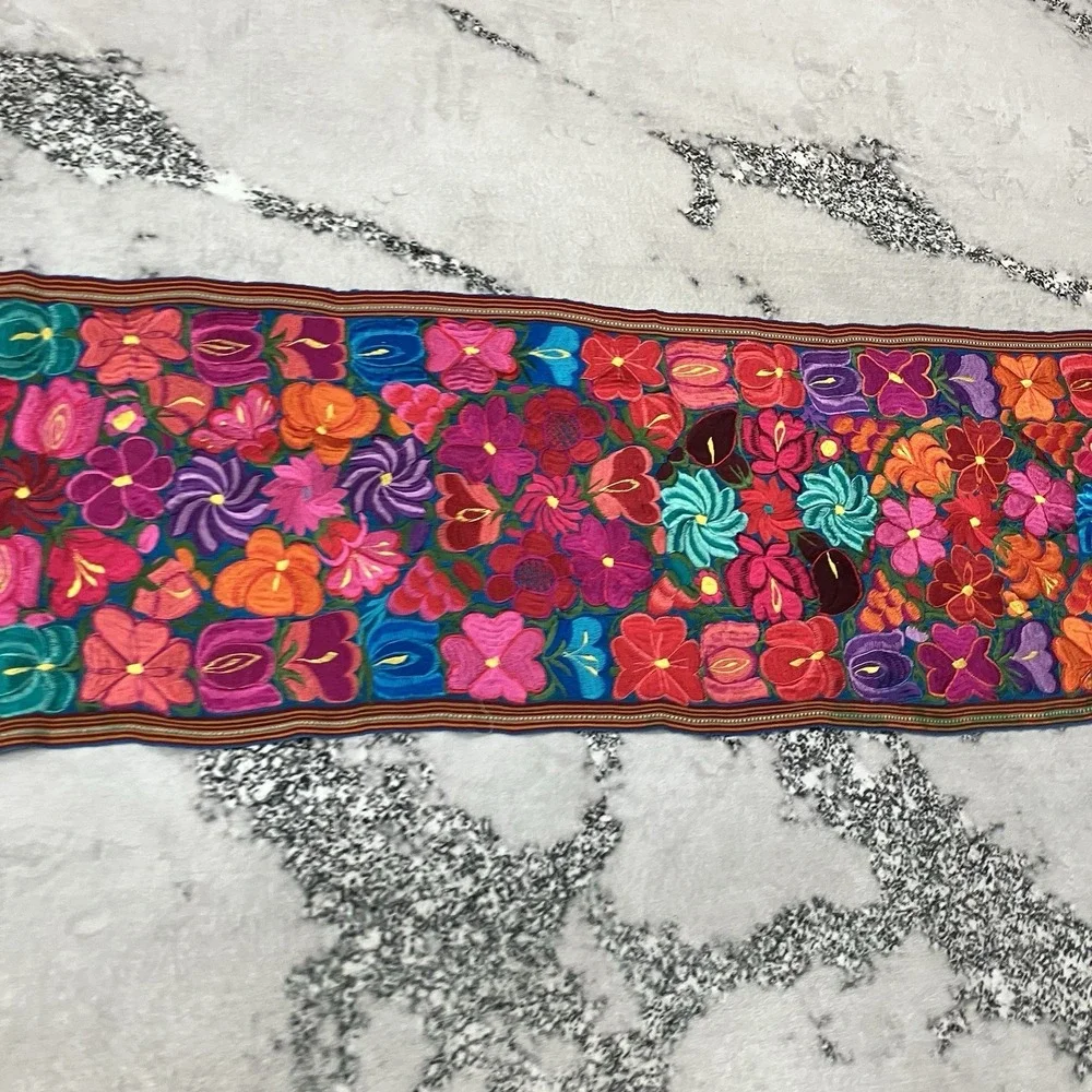 Vintage Embroidered Floral Table Runner Boho Guatemalan Style Textile 92 x 17